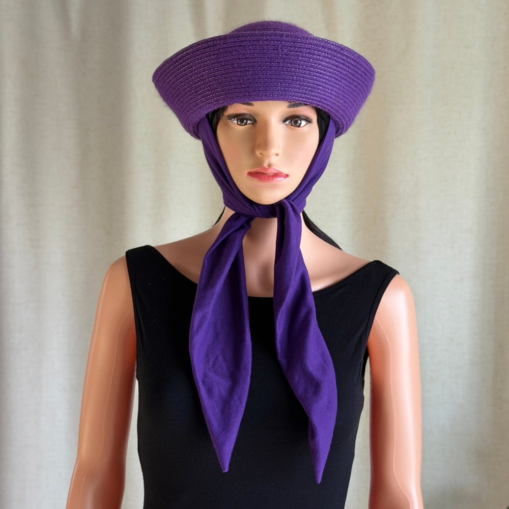 Vtg Y2K Bollman Purple Woven Straw Bucket Hat Attached Scarf Tie 60s Mod Cloche - Picture 3 of 8